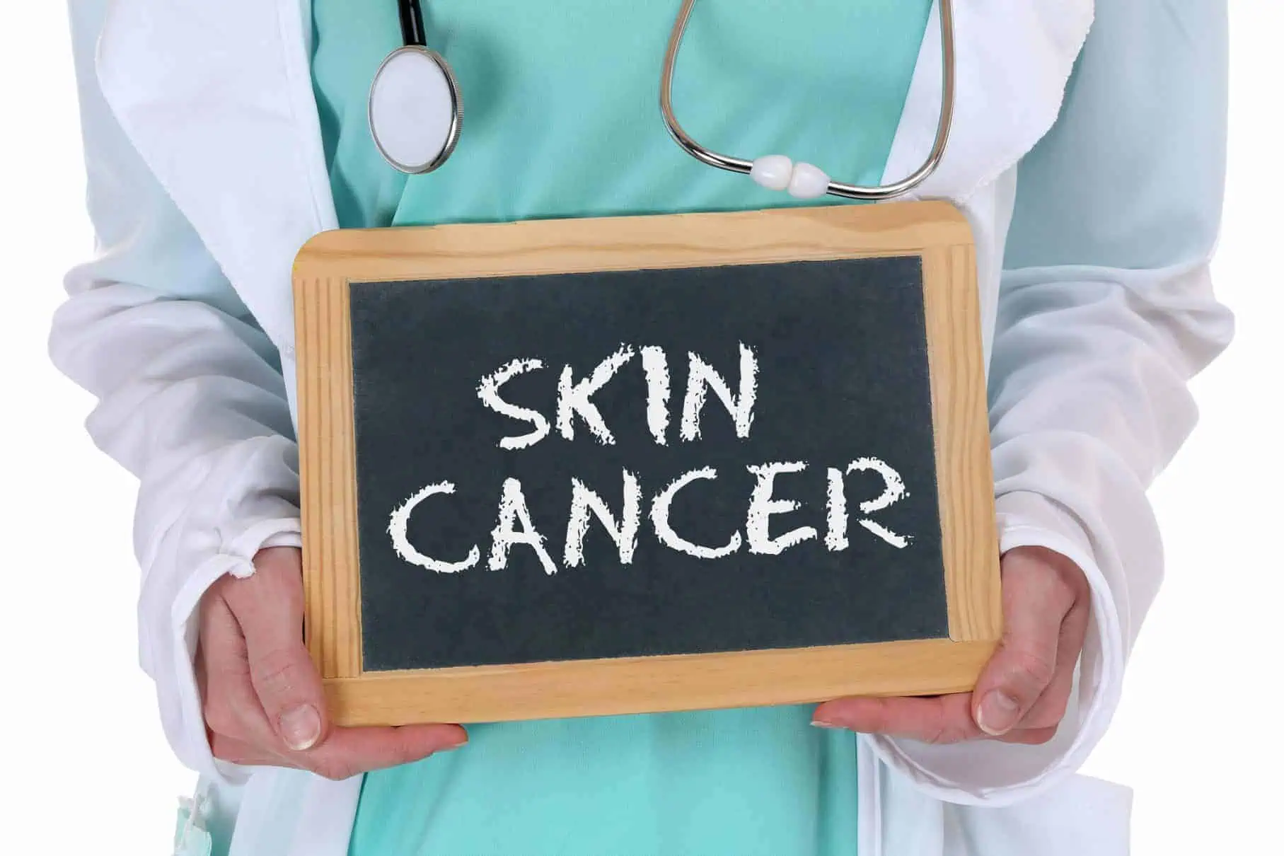 Doctor hold chalkboard that says skin cancer