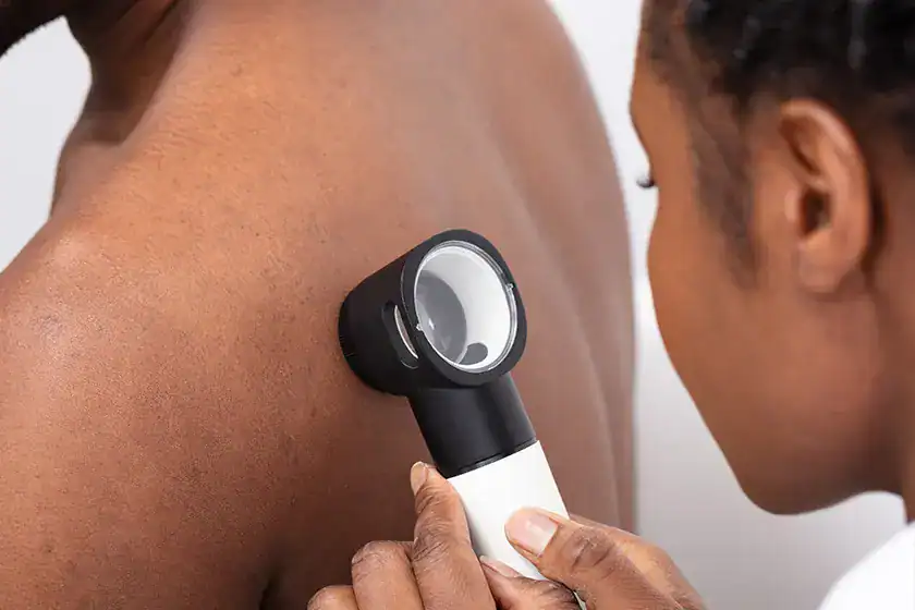 Black man has his back examined by a black woman dermatologist