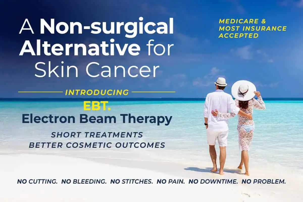 Ad for Electron Beam Therapy with couple walking on beach