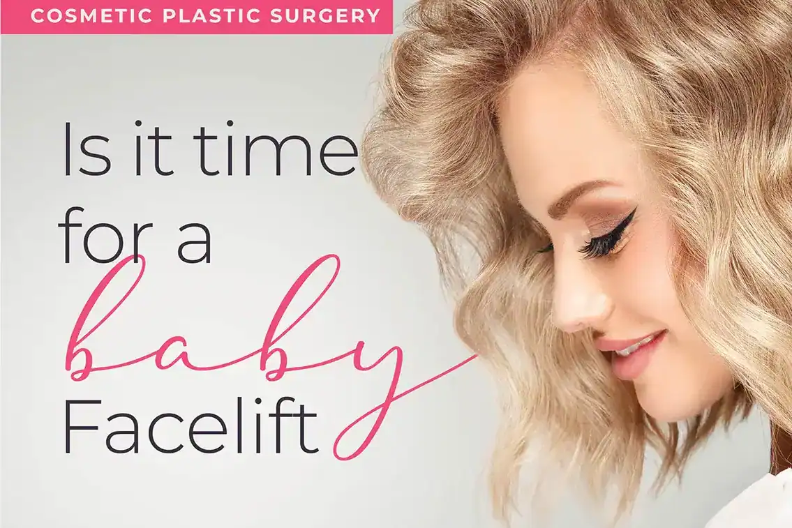 blond woman with beautiful skin shown from the side, promo for baby facelift
