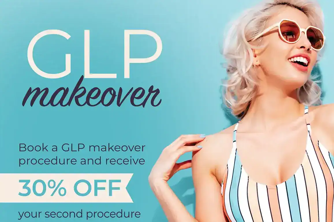 Woman in striped swimsuit for GLP makeover flyer